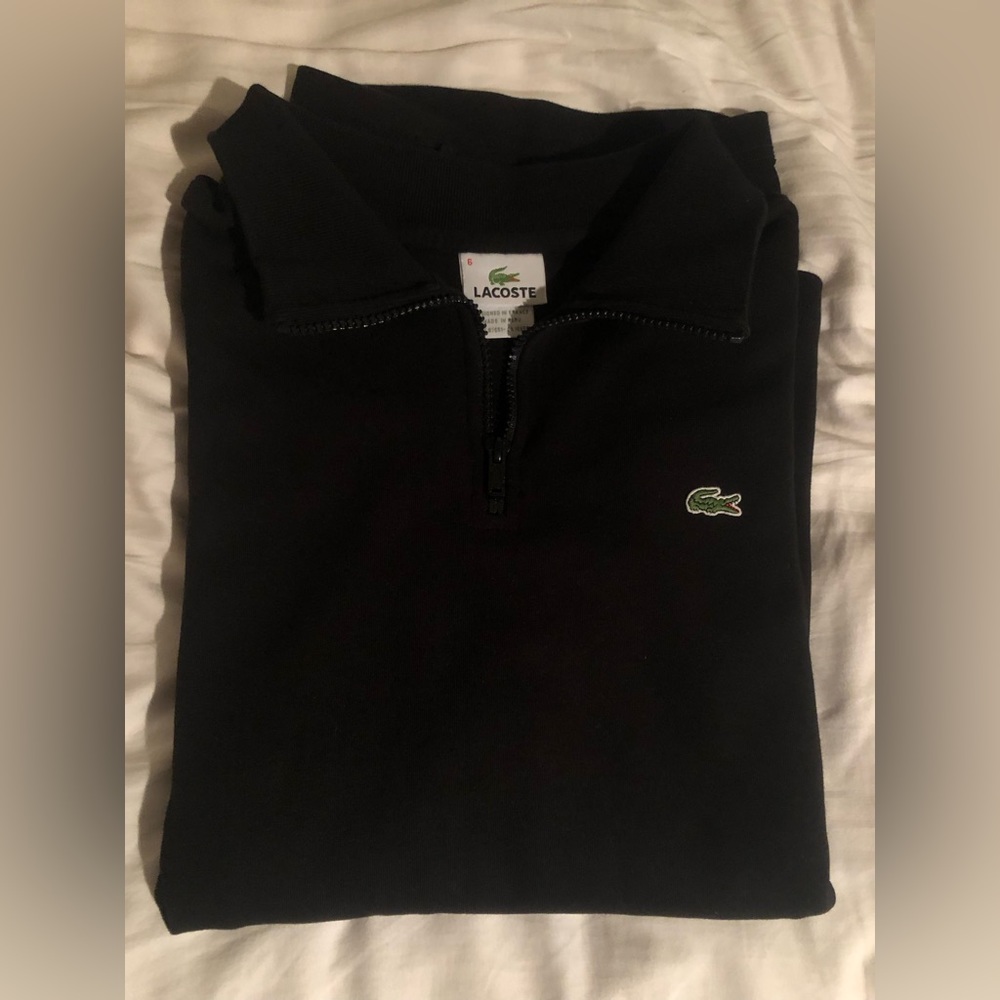 Size 6 BLACK Lacoste Quarter Zip, some bleaching, good for being outdoors